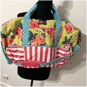 Matilda Jane Yellow Floral & Coral Stripe Tote with Teal Polka-Dot Handles
